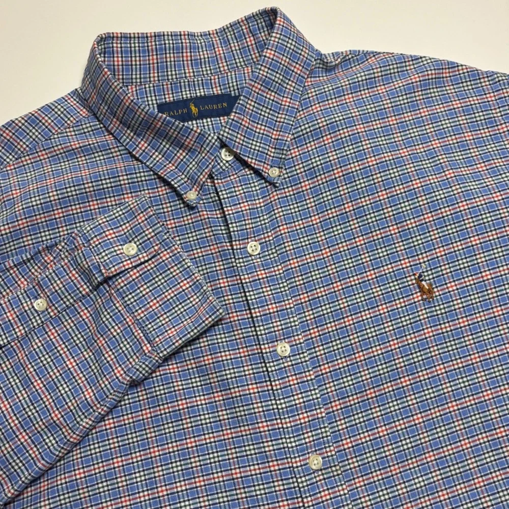 Ralph Lauren Oxford Blue Plaid Mens XXL Long Sleeve Button Down Flesh Pony Shirt